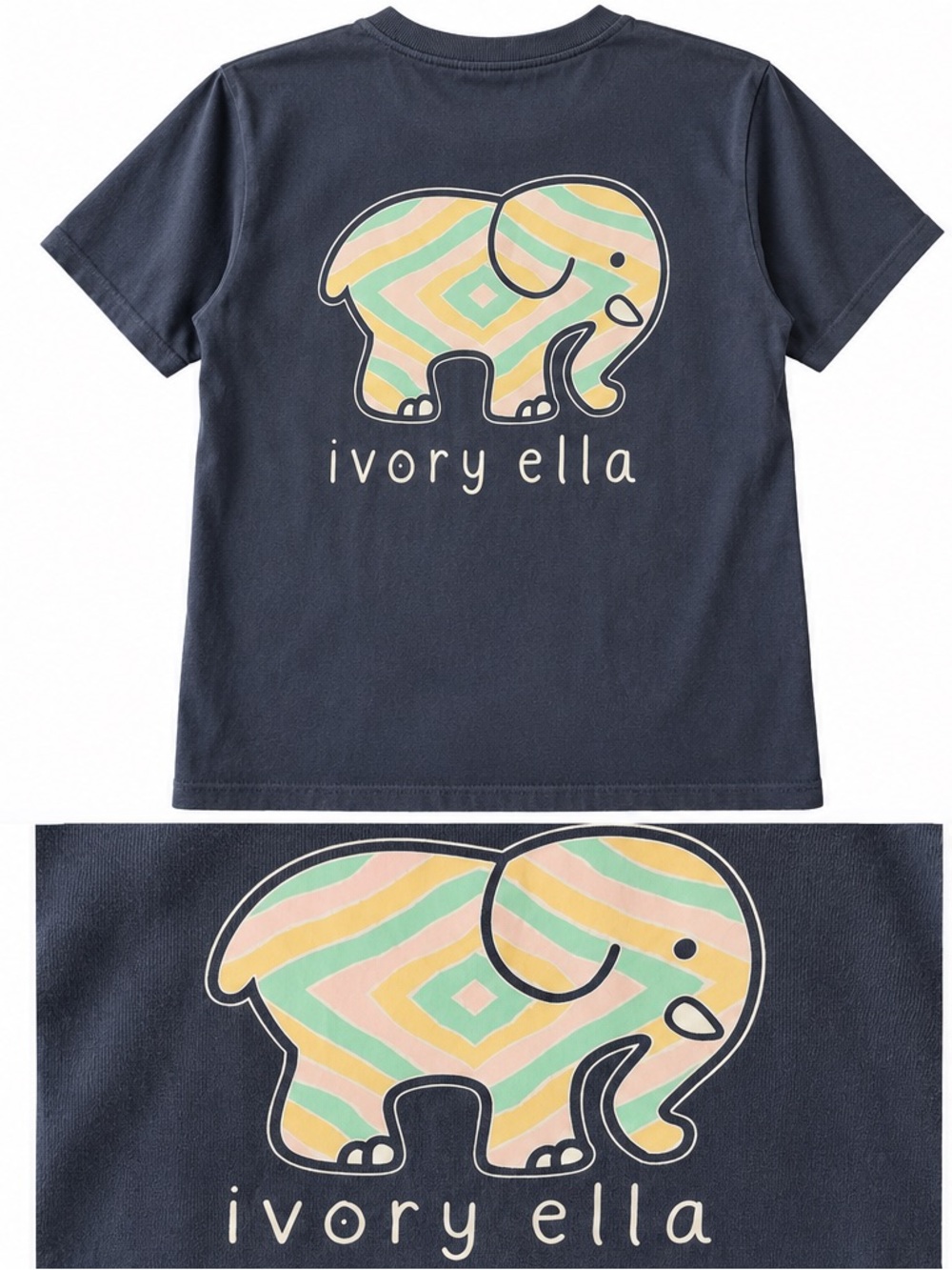 ivory ella Navy Tee with Pastel Striped Elephant